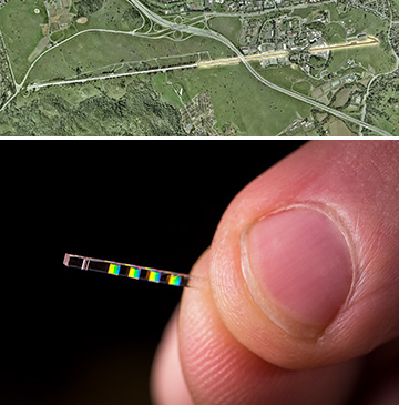 map view of LCLS facility and photo of chip component