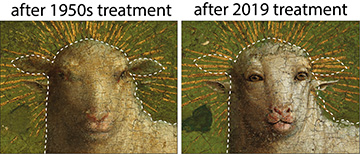 Lamb of God from Ghent Altarpiece, before and after recent restoration