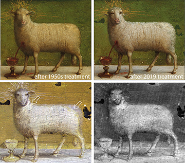 View of body of Lamb of God from Ghent Altarpiece, after 1950s and 2019 restorations