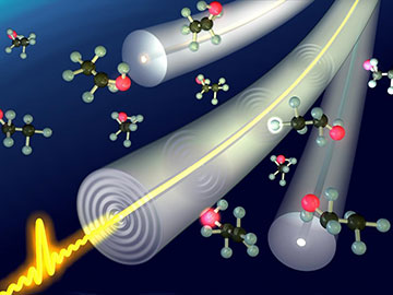 artist's rendering of fiber sensor surrounded by liquid molecules